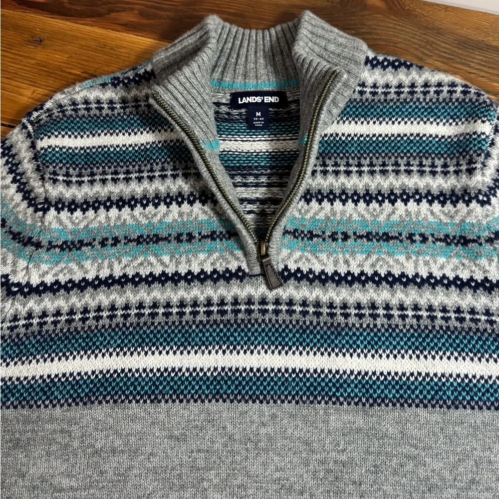 Lands End Men’s Fair Isle Quarter Zip Gray, blue, cotton wool blend Size M 38-40